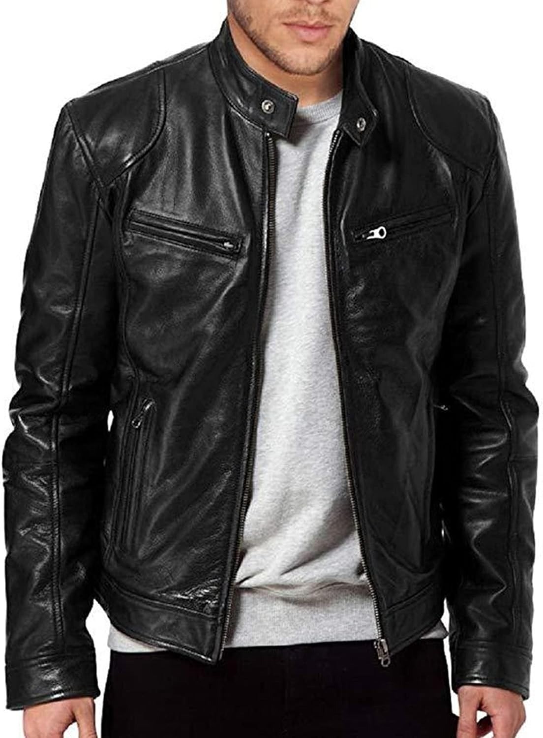 Men’s Handmade Cafe Racer Biker Genuine Sheepskin Leather Motercycle Jacket