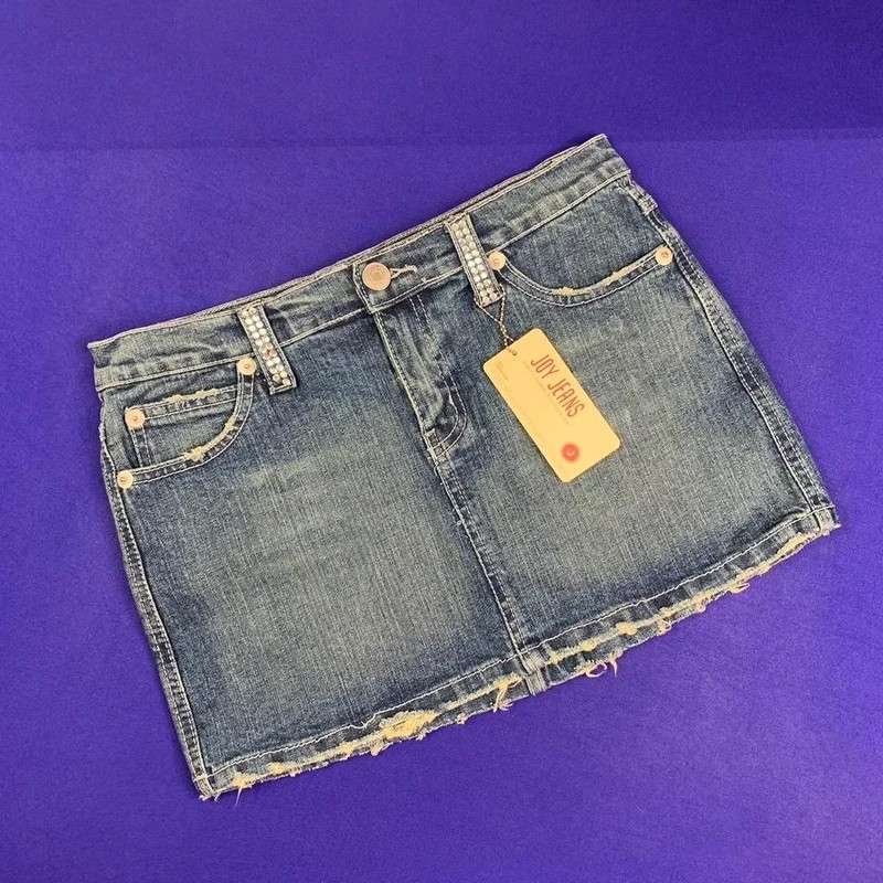 Y2K Joy Jeans Rhinestone Jean Denim Mini Skirt Low Rise Size 11 Fits M Best