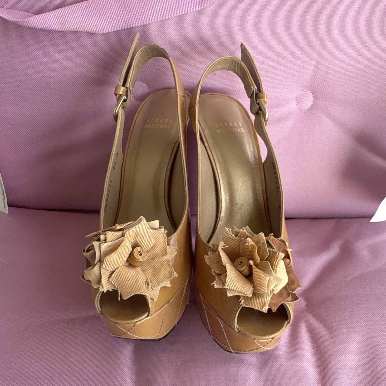 Stuart Weitzman Tan Patent Leather Platform Slingback Peep Toe 8.5M