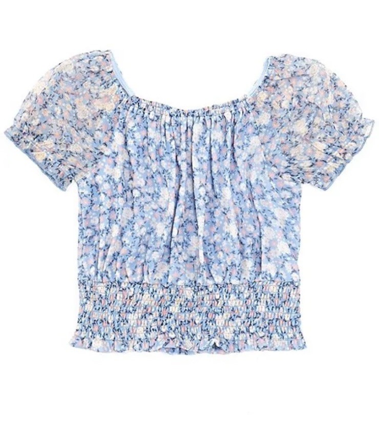 NEW In Girl Top Coastal Cottage Blue Feminine Floral Mesh Smocked Waist Preppy