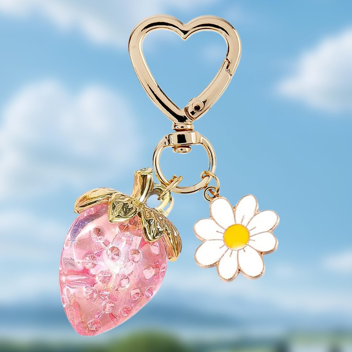 Strawberry White Pink Red Bag Charm Keychain for Purse Handbag Women Gift