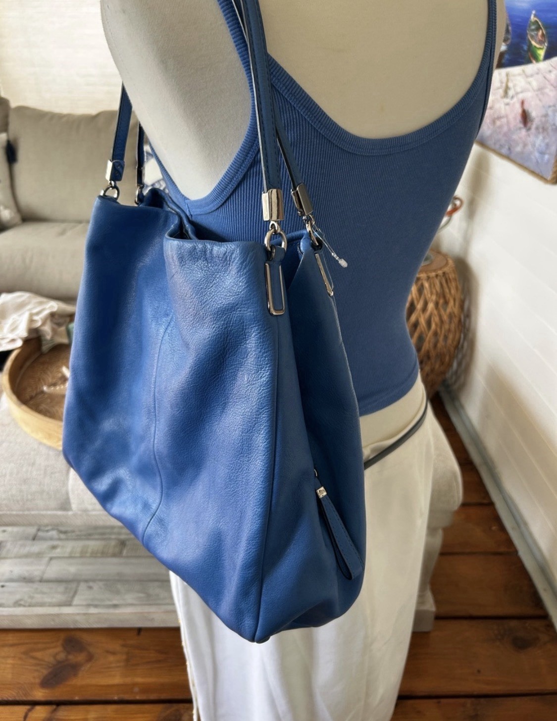 Coach Blue Leather Hobo Shoulder Bag Large Slouchy Tote Purse preloved