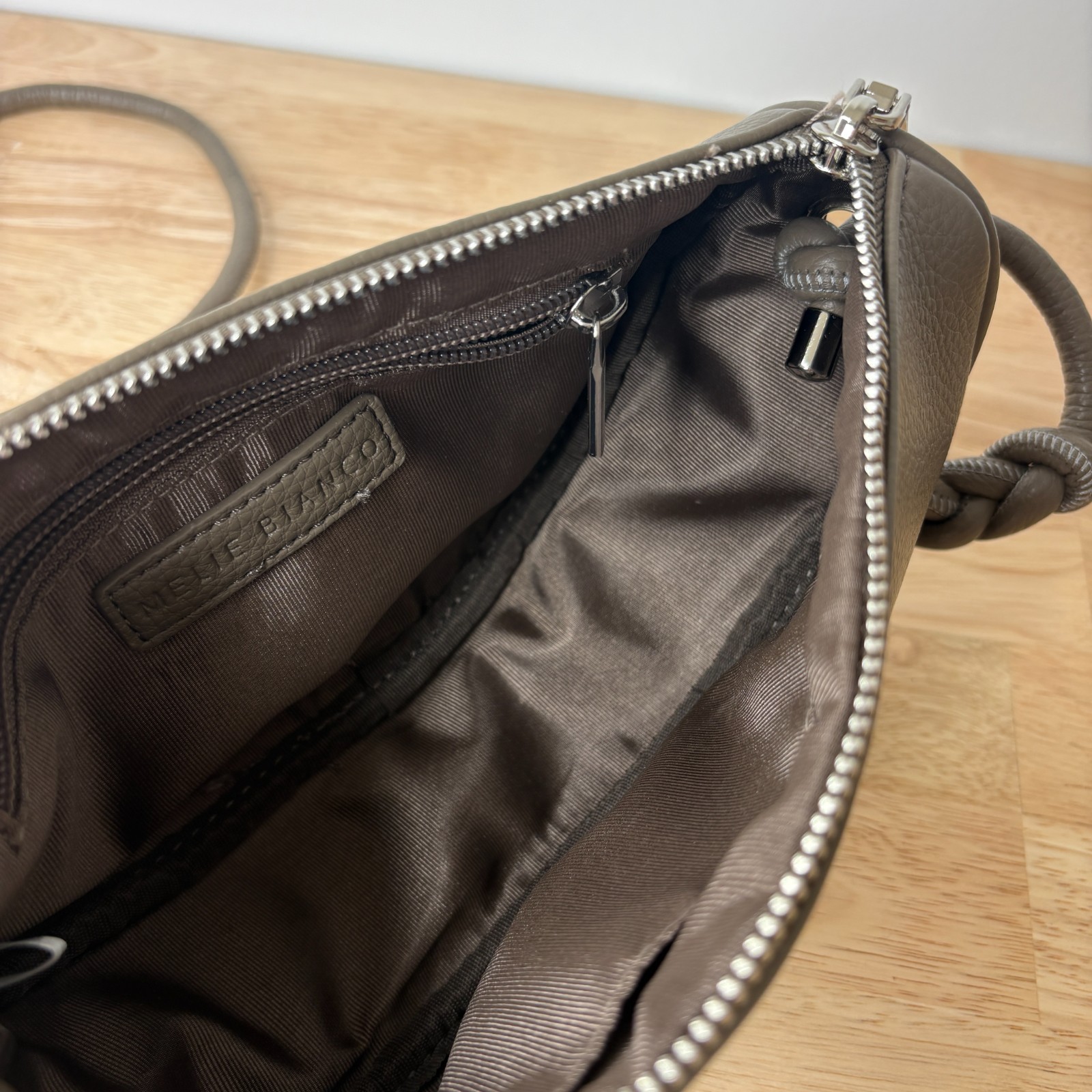 Melie Bianco Dark Beige Braided Cross Body Bag Small Vegan