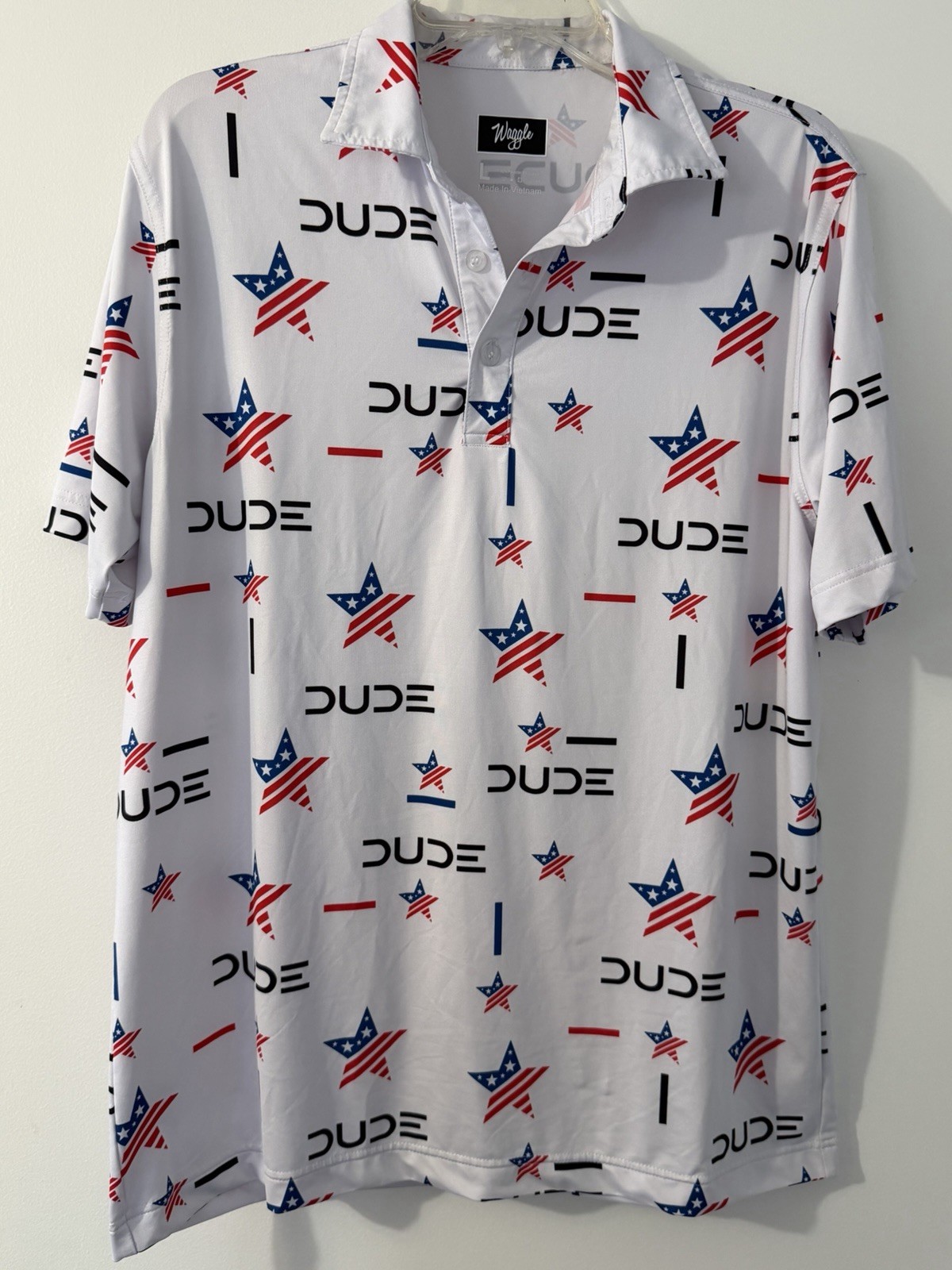 Waggle Polo Shirt Mens L White USA Flag DUDE Print Golf Stretch Performance