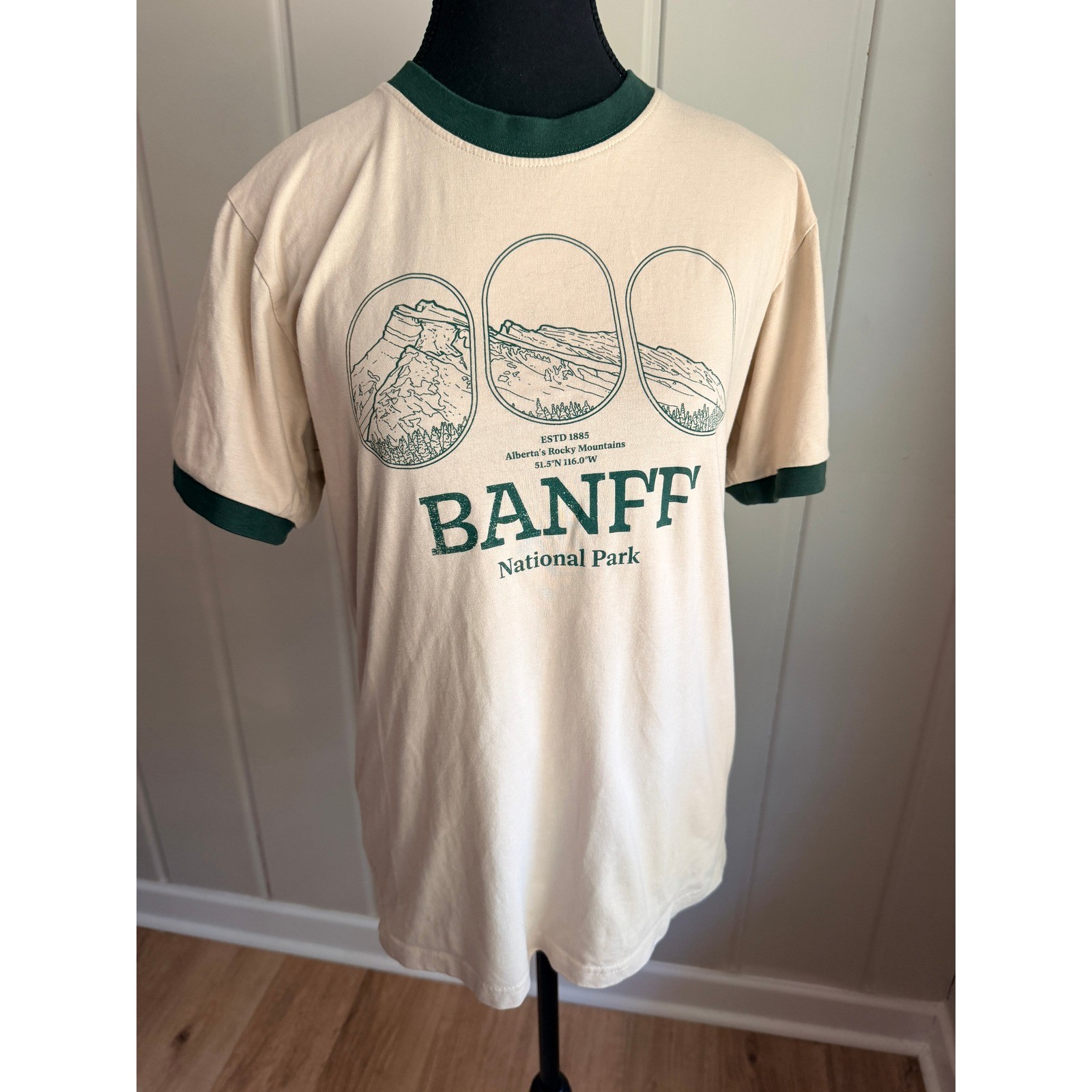Banff National Park Graphic Tee Cream Green ringer sleeves