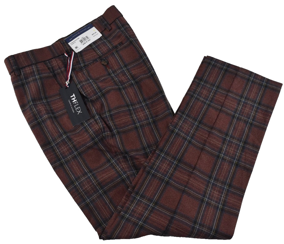 Tommy Hilfiger Mens Pants New 30 x 30 Red Blue Plaid THFlex Flat Front Stretch