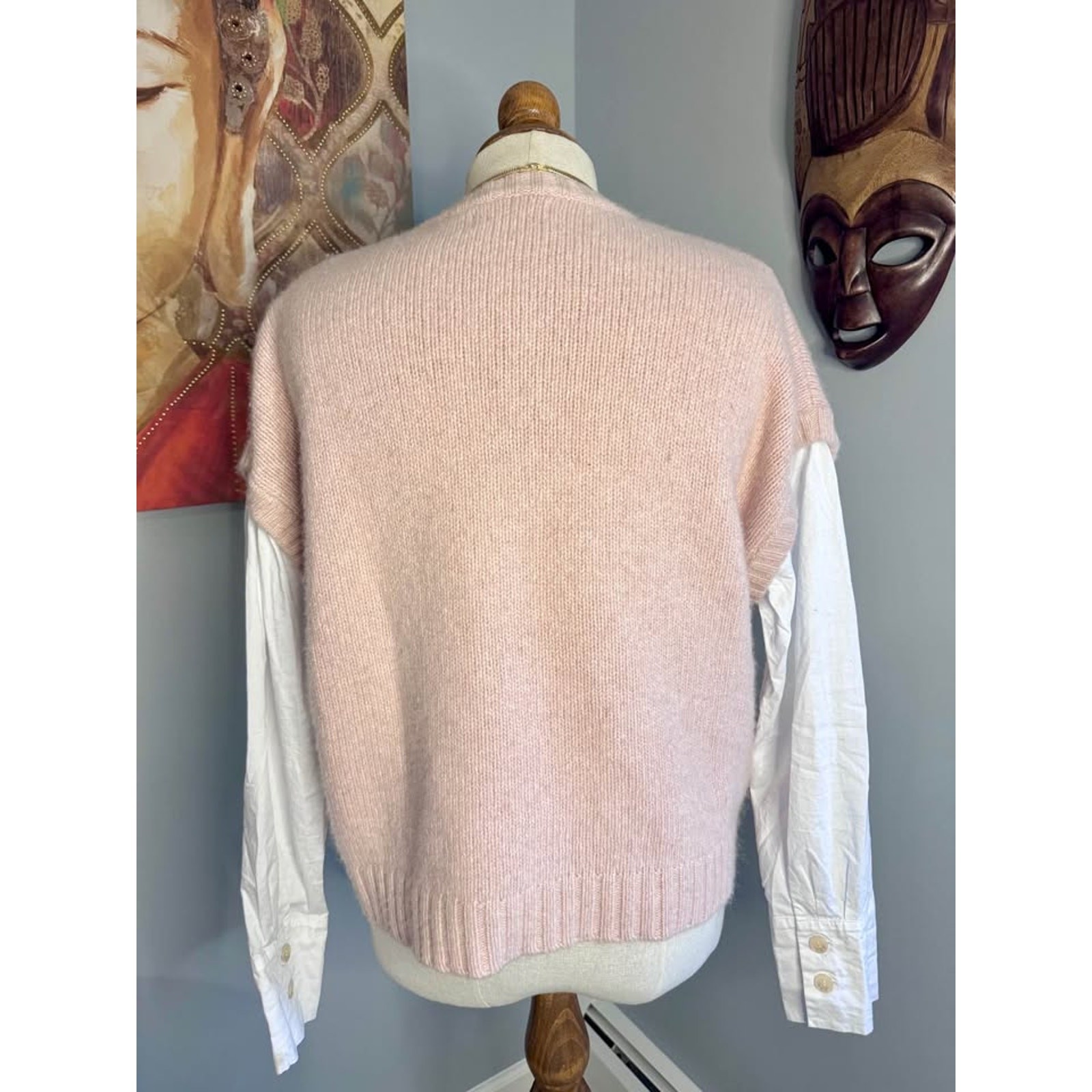 Naadam Cotton/Cashmere Blend Blush Mixed Media Henley Knit Sweater