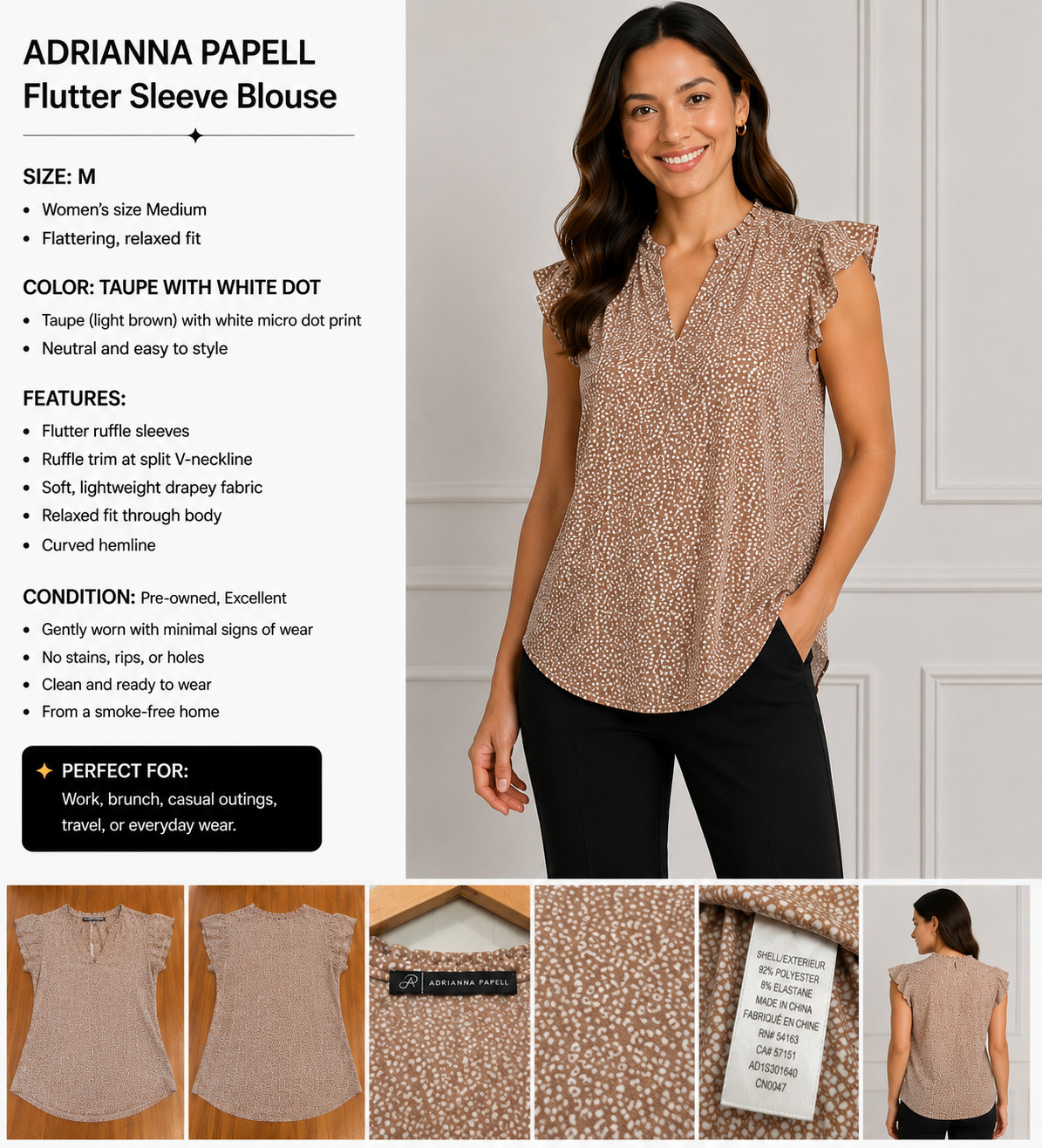 Adrianna Papell Women’s Flutter Sleeve Blouse Taupe White Micro Dot Print Size M