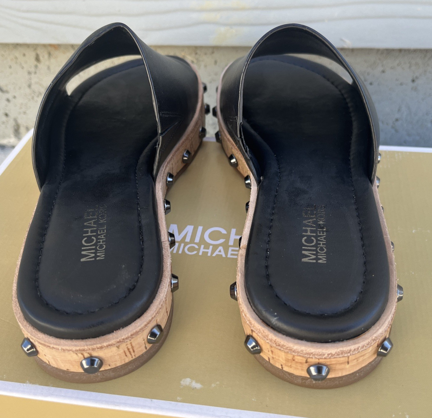 Michael Kors Ellen Slide Sandals Shoes Black Leather Rivets Accent Size 5 M New