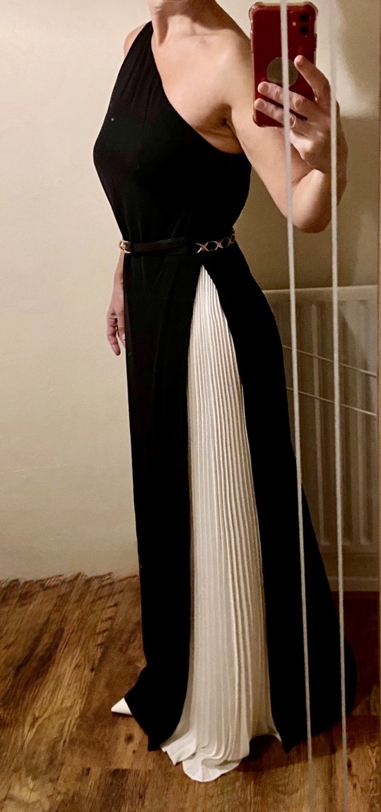 Ralph Lauren One Shoulder Maxi Dress Size 10 In black with pleated white panel