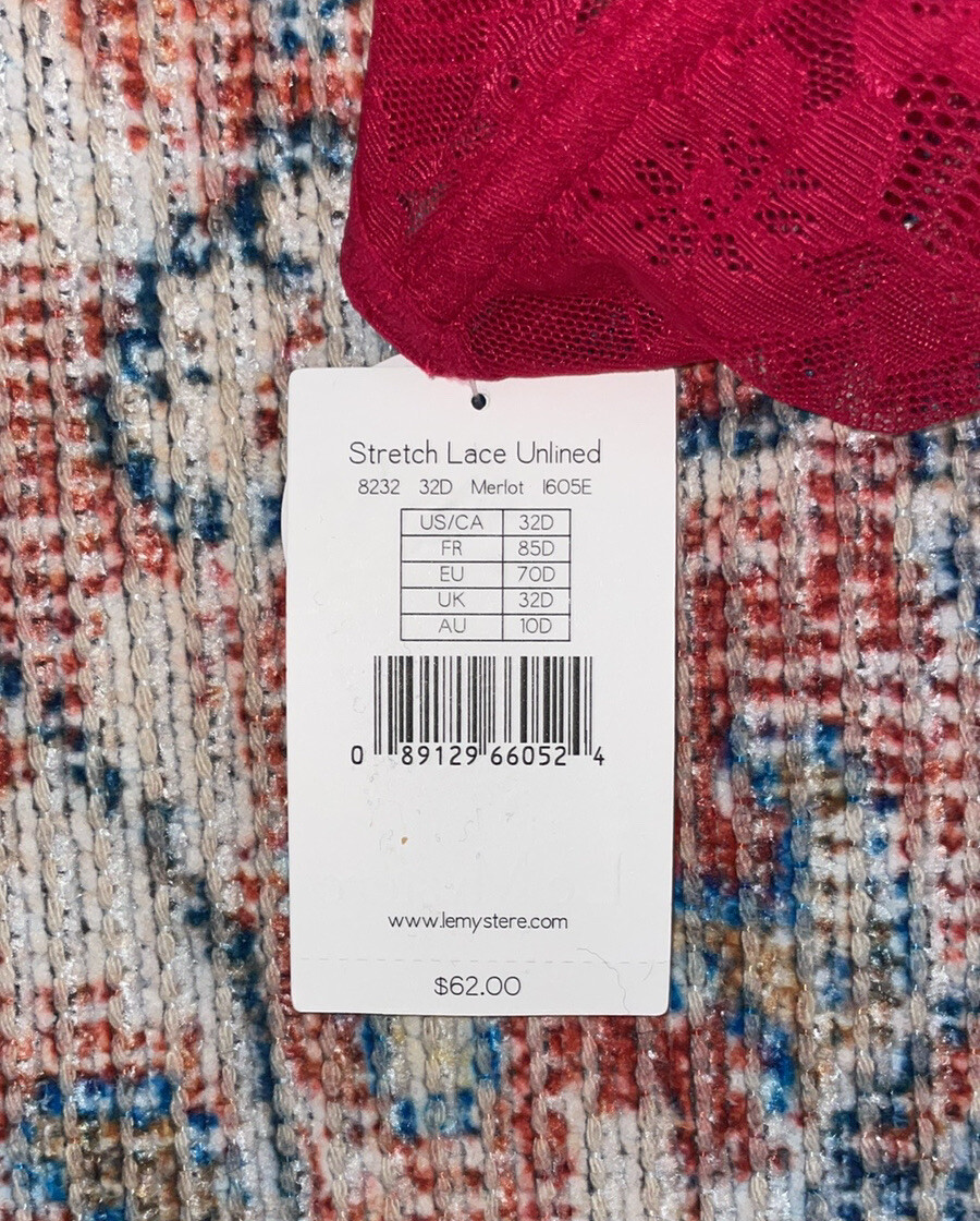 Le Mystere Stretch Lace Unlined Bra in Merlot SZ US 32D NWT