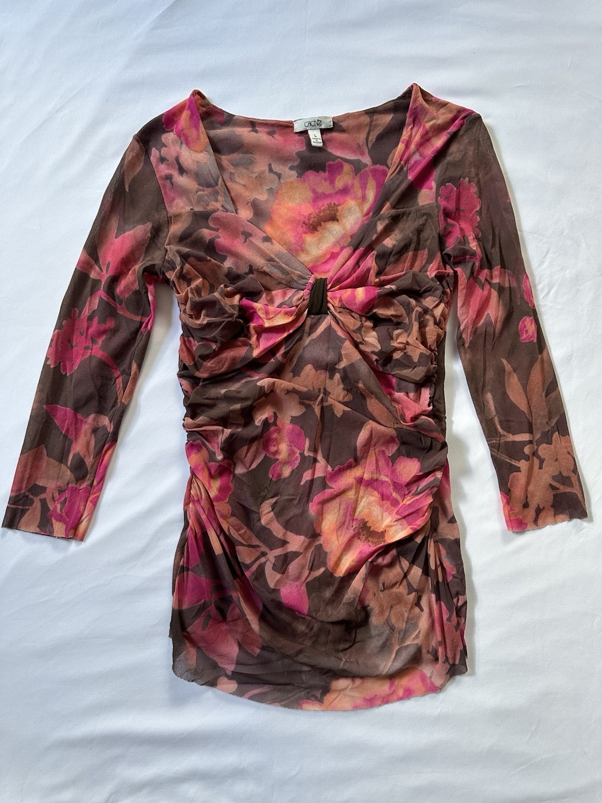 Cache Brown Pink Floral Mesh Ruched V-Neck 3/4 Sleeve Top Women’s L