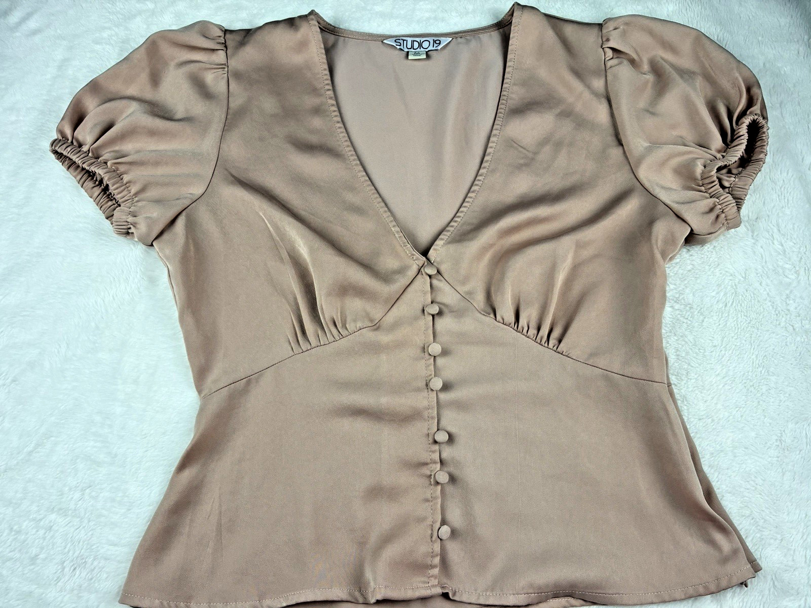 Dusty Rose Puff Sleeve Top V-Neck Button Cottagecore Romantic Regency Size M