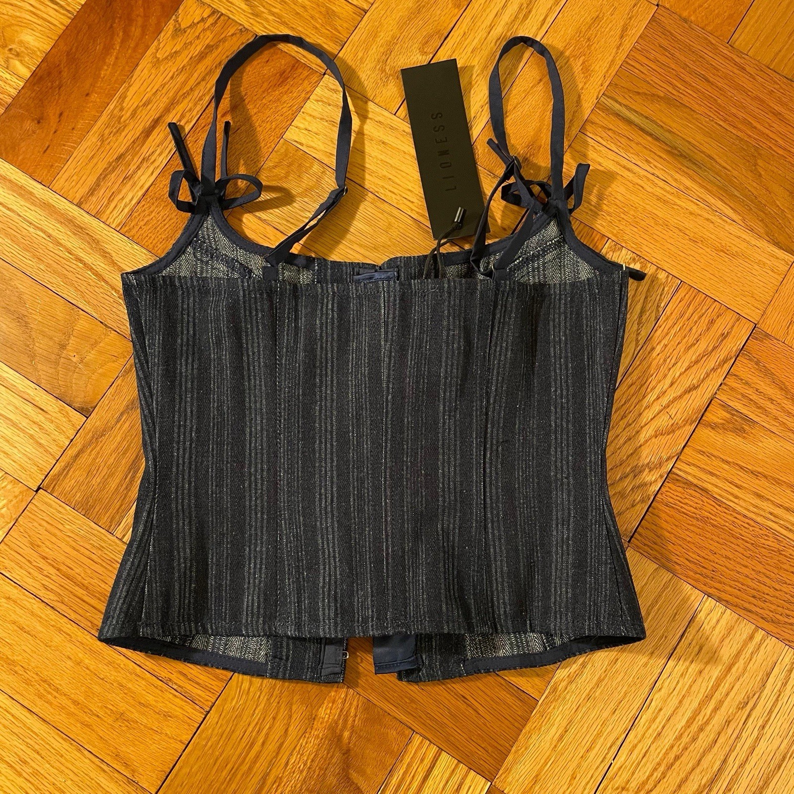 LIONESS Charismatic Denim Corset in Dark Pinstripe Size 0 NEW