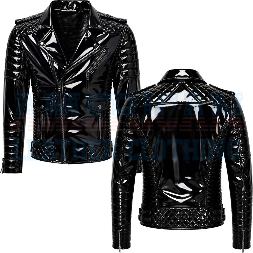 Mens Black Wet Look Pvc Vinyl Motorcycle Jacket Shiny Punk Biker Quilted Moto