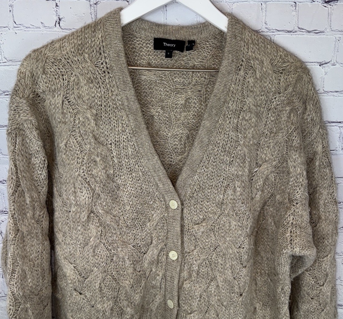 THEORY Women’s Alpaca Soft Cable Knit Cardigan Sweater Beige Size Small