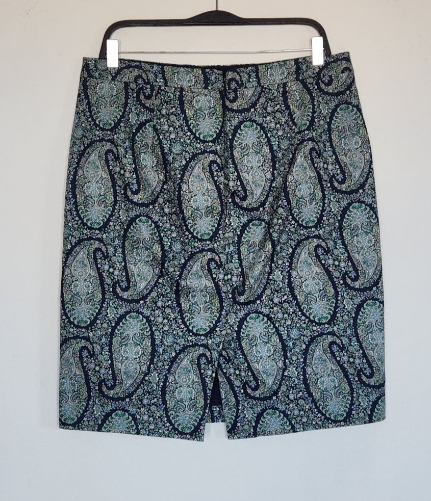 J Crew Pencil Skirt Paisley, Size 12, Cotton, Navy Teal Green +, Orig. ~$90!