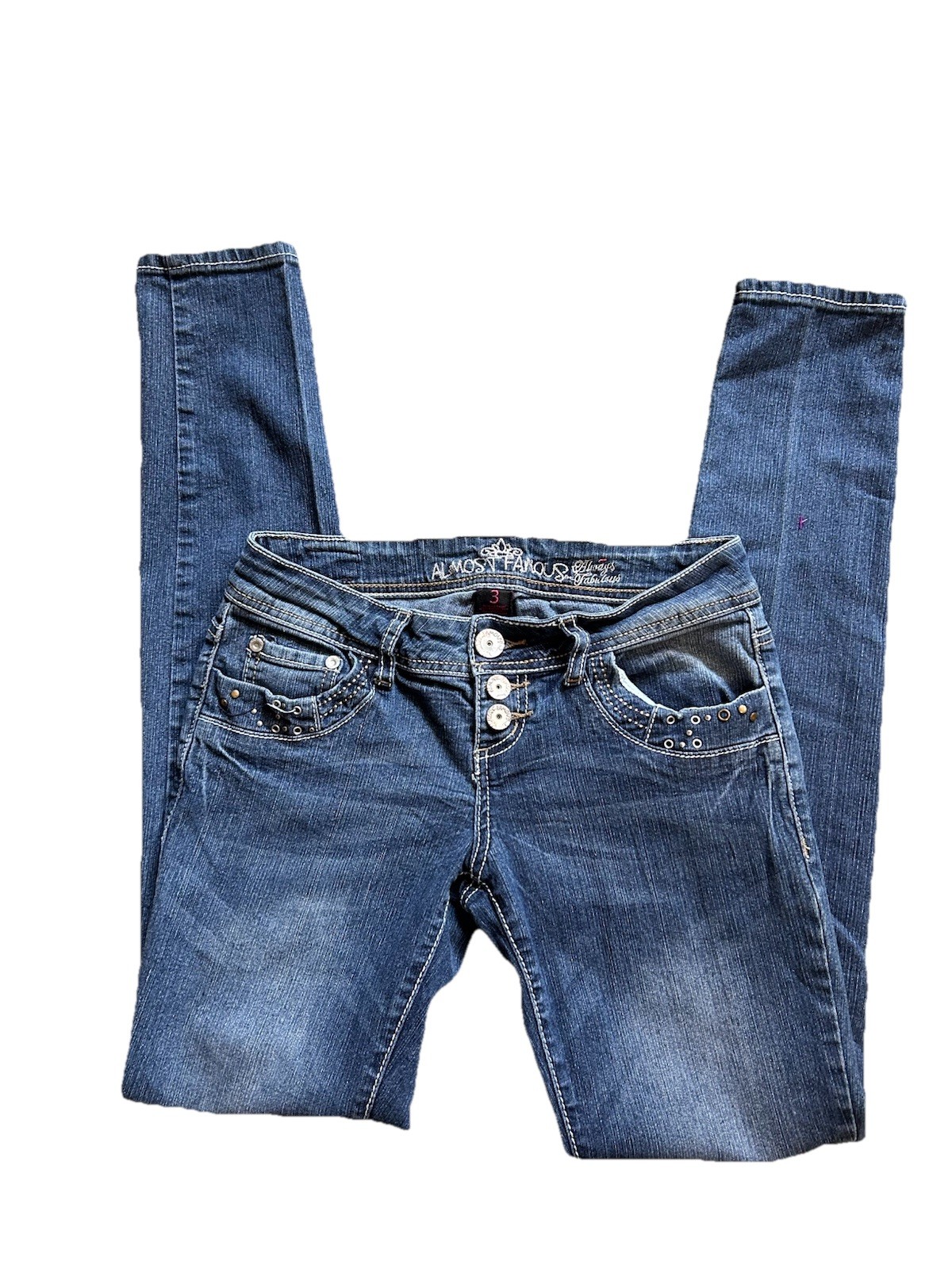 Almost Famous Y2K Studded Skinny Jeans Size 3 Dark Wash Low Rise Blue Denim Y2K