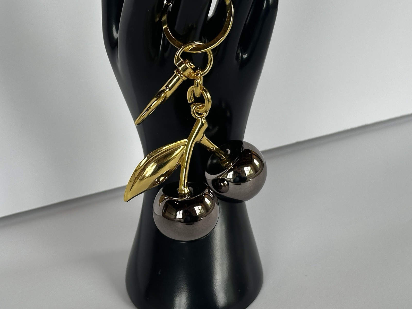 Mirrored Gunmetal Gray Cherry Bag Charm | GOLD Keychain+Premium Velvet Dust Bag
