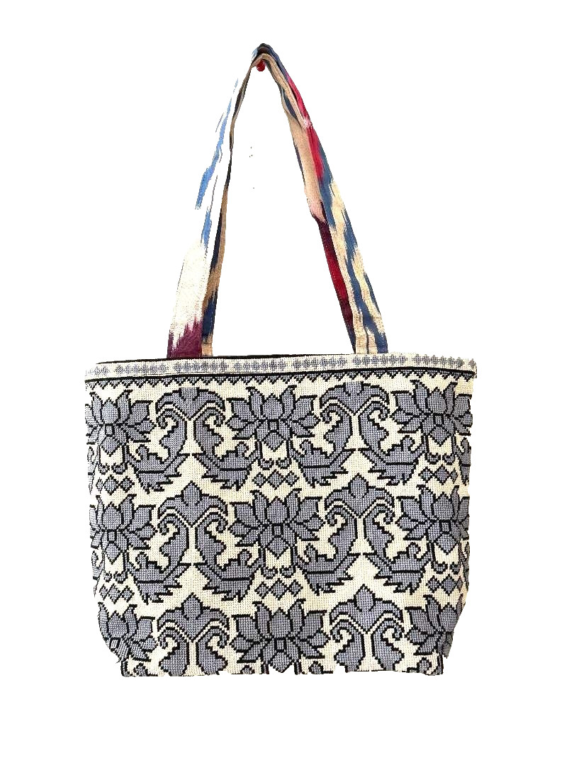 TOP QUALITY CROSS STITCHED HAND EMBROIDERED UZBEK SILK TOTE BAG