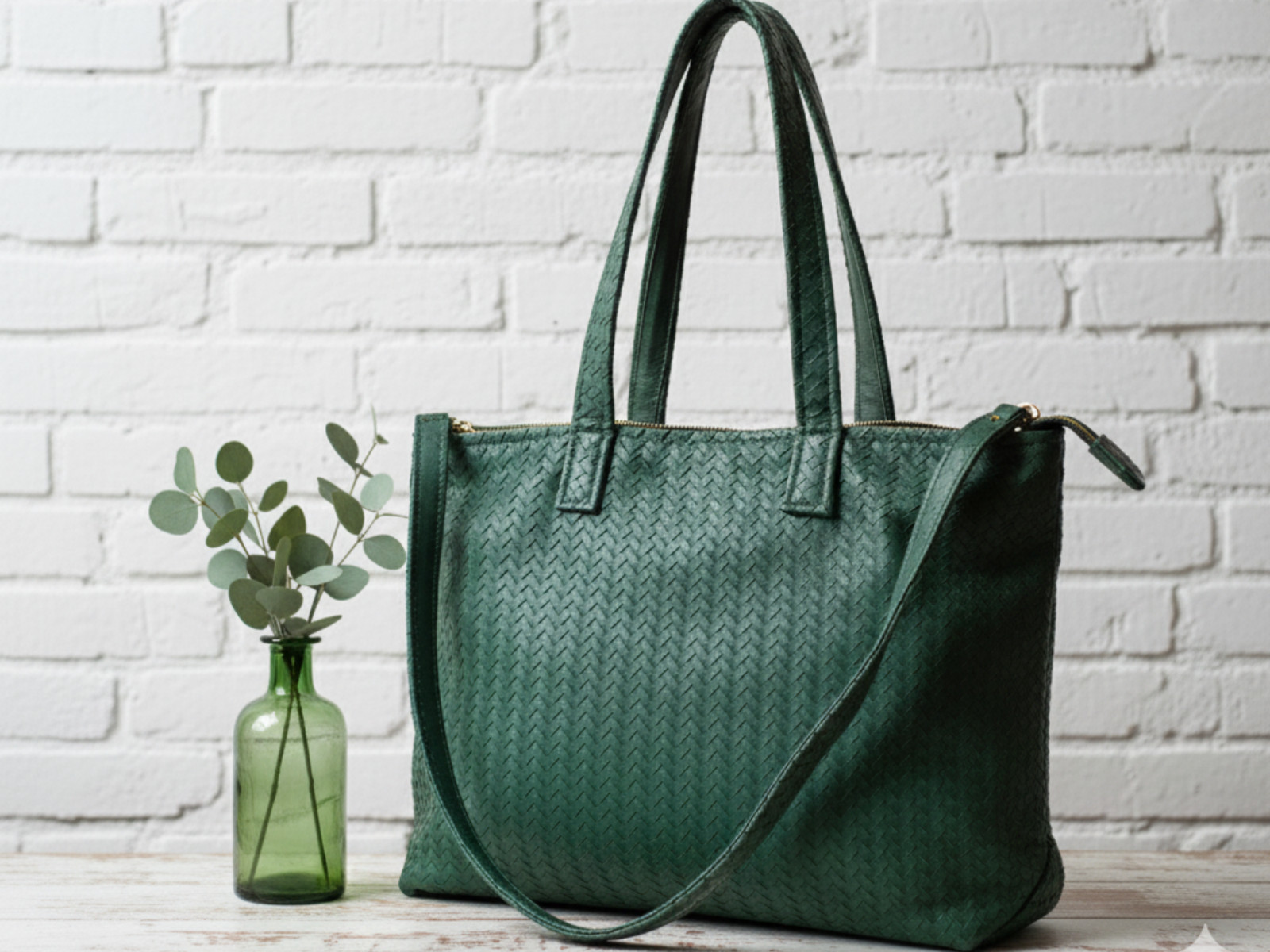Handmade Green Woven Leather Tote Bag – Women’s Daily Office Bag