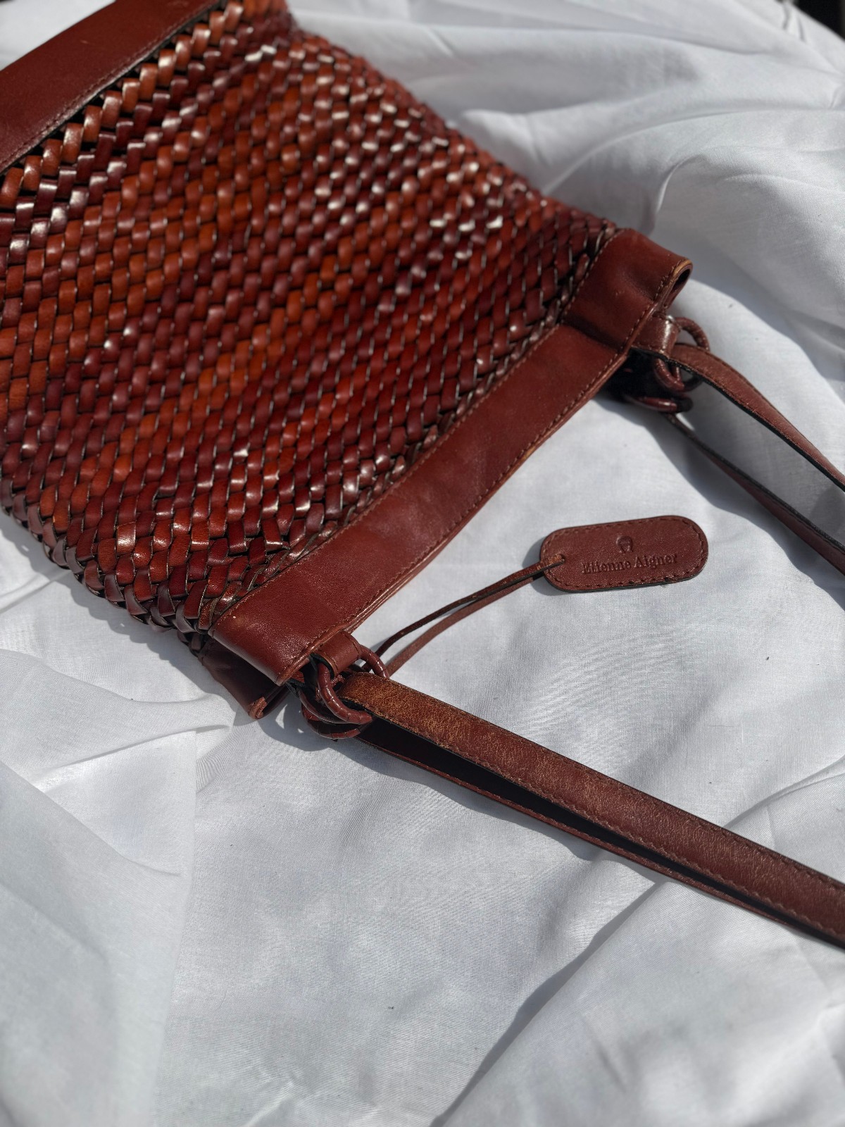 Vintage Etienne Aigner Medium Woven Leather Bucket Shoulder Bag Oxblood Brown