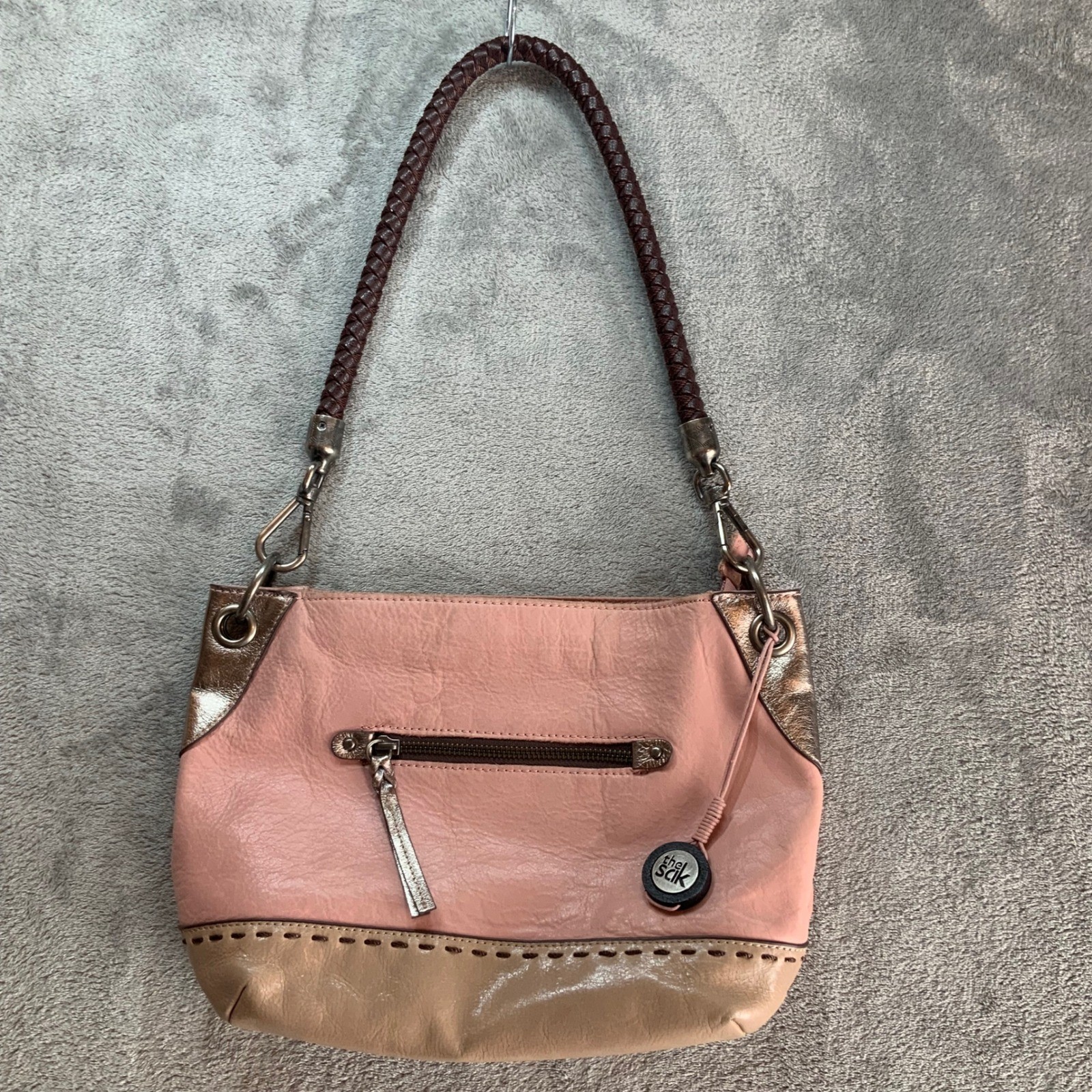 Sak Leather Shoulder Bag Pink Tan Metallic Bronze Braided Handle Boho Handbag