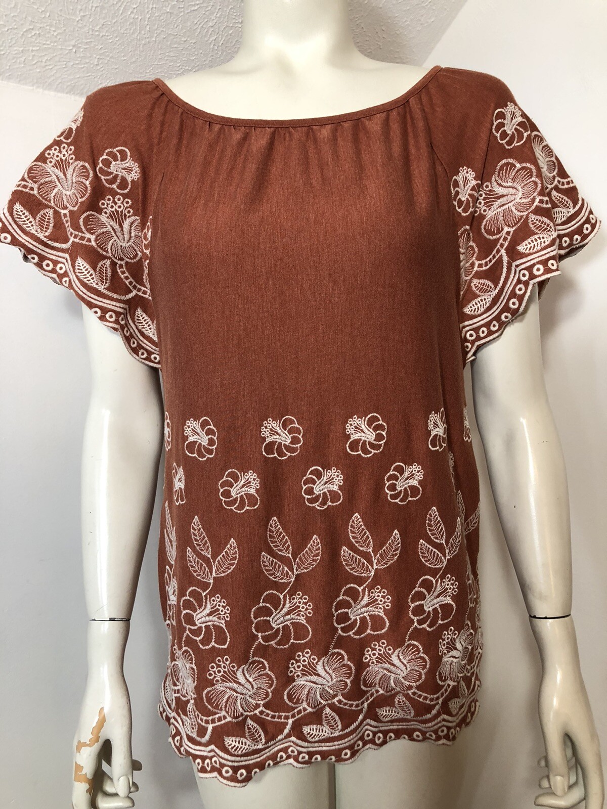 Fever Womens Small Rust Peasant Top Embroidered Cap Sleeves Burnt Orange Knit
