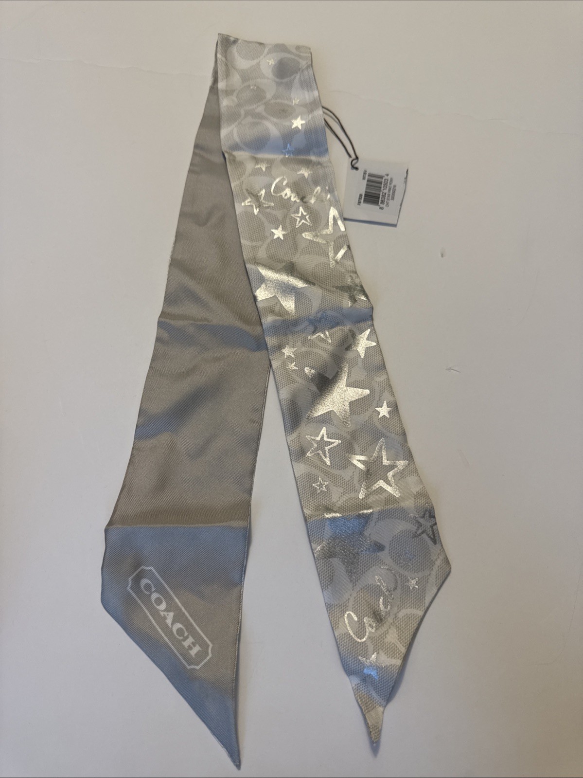 New with Tags Coach Signature Reversible Silk Skinny Pony Stars Scarf Silver