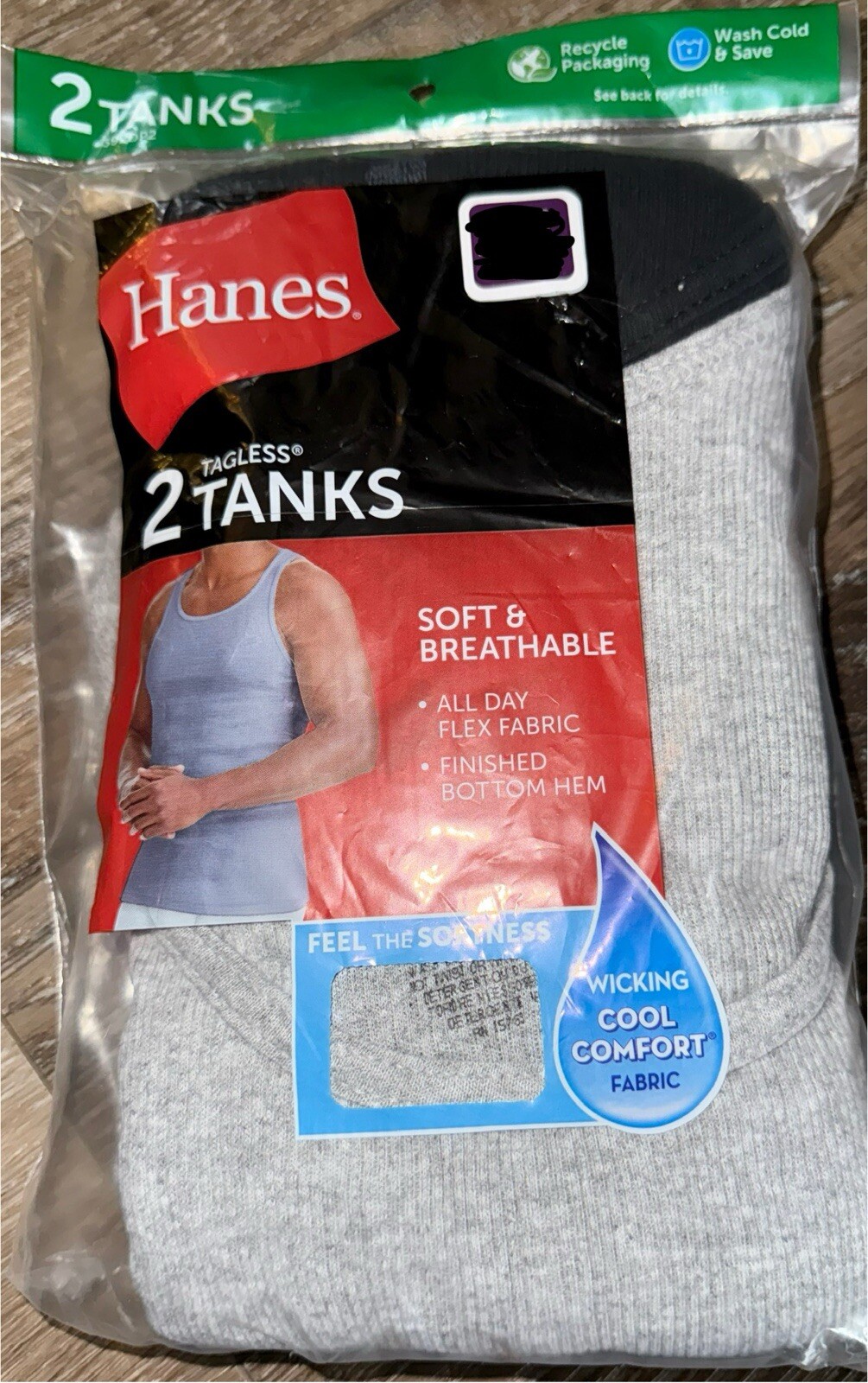 Hanes ~ Mens 2-Pack Tanks A-Shirts Undershirts Cotton Black Gray ~ L (42-44)