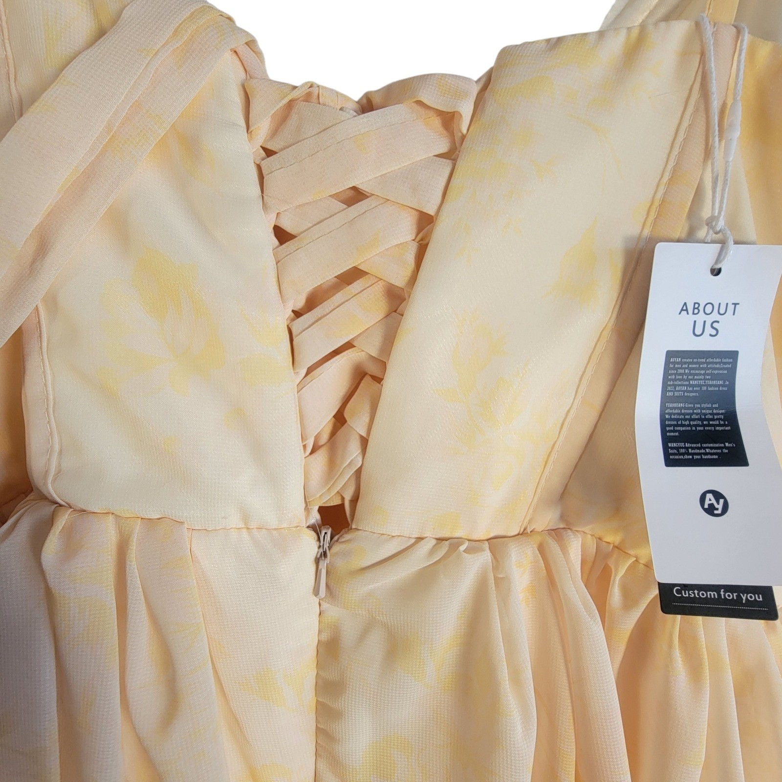 Ao Yan Butter Yellow Tiered Ruffled Maxi Formal Dress Prom Gown NWT Size S