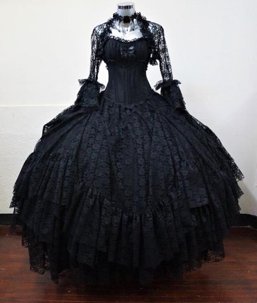 Gothic-Quinceanera Long-Sleeve Black Lace Applique Party Ball Gown