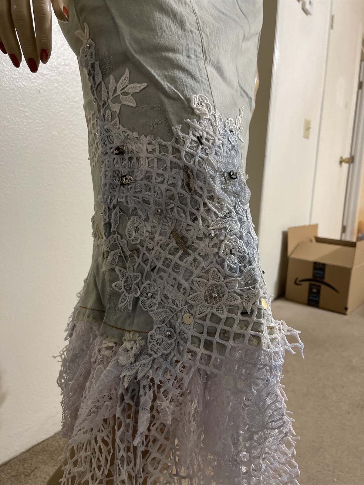 Light Blue Denim Cotton Embroidery Lace Bead Boho Size XL(10-12) Skirt SK 708