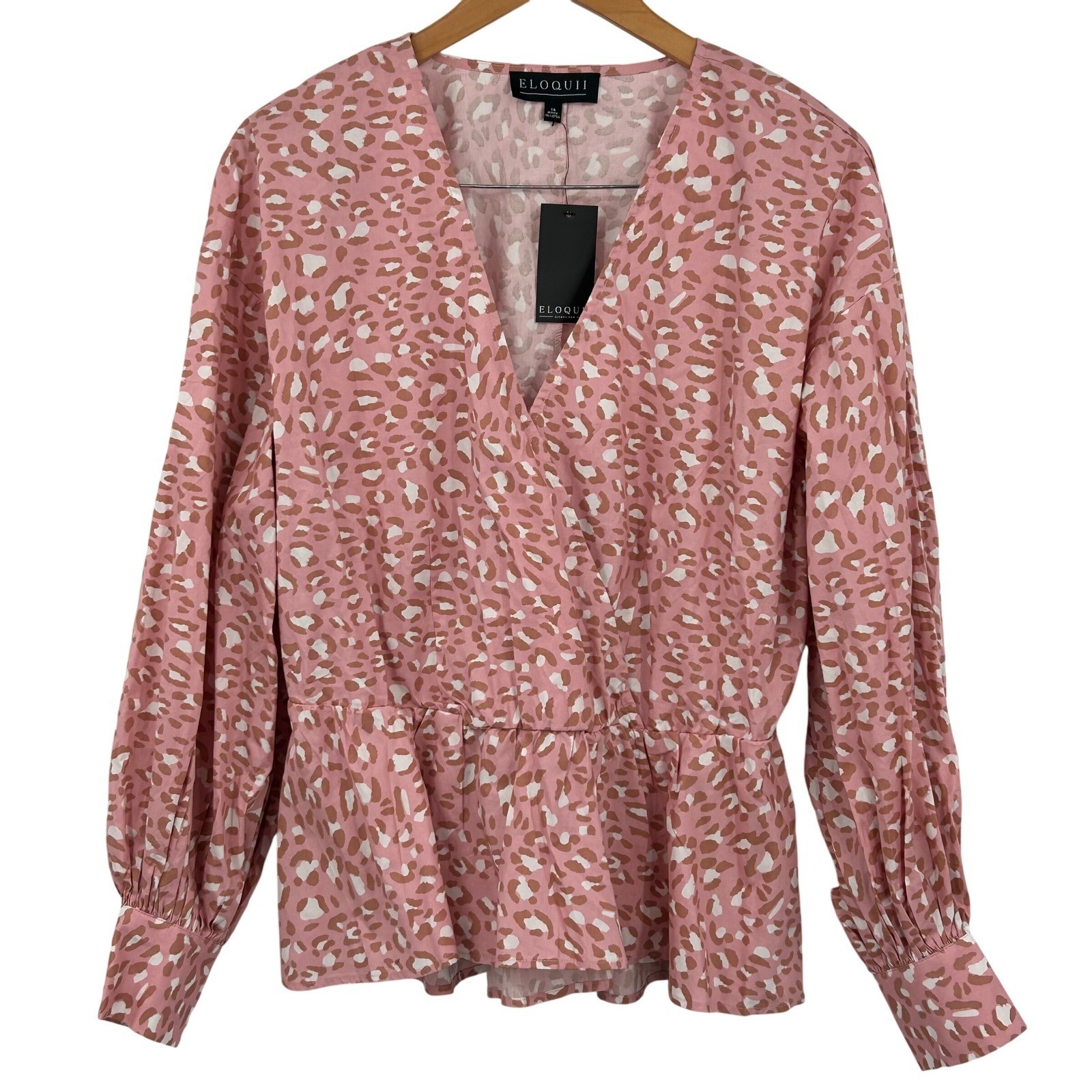Eloquii Women Peplum Wrap Blouse 14 Pink Leopard Print Long Sleeve Animal Core