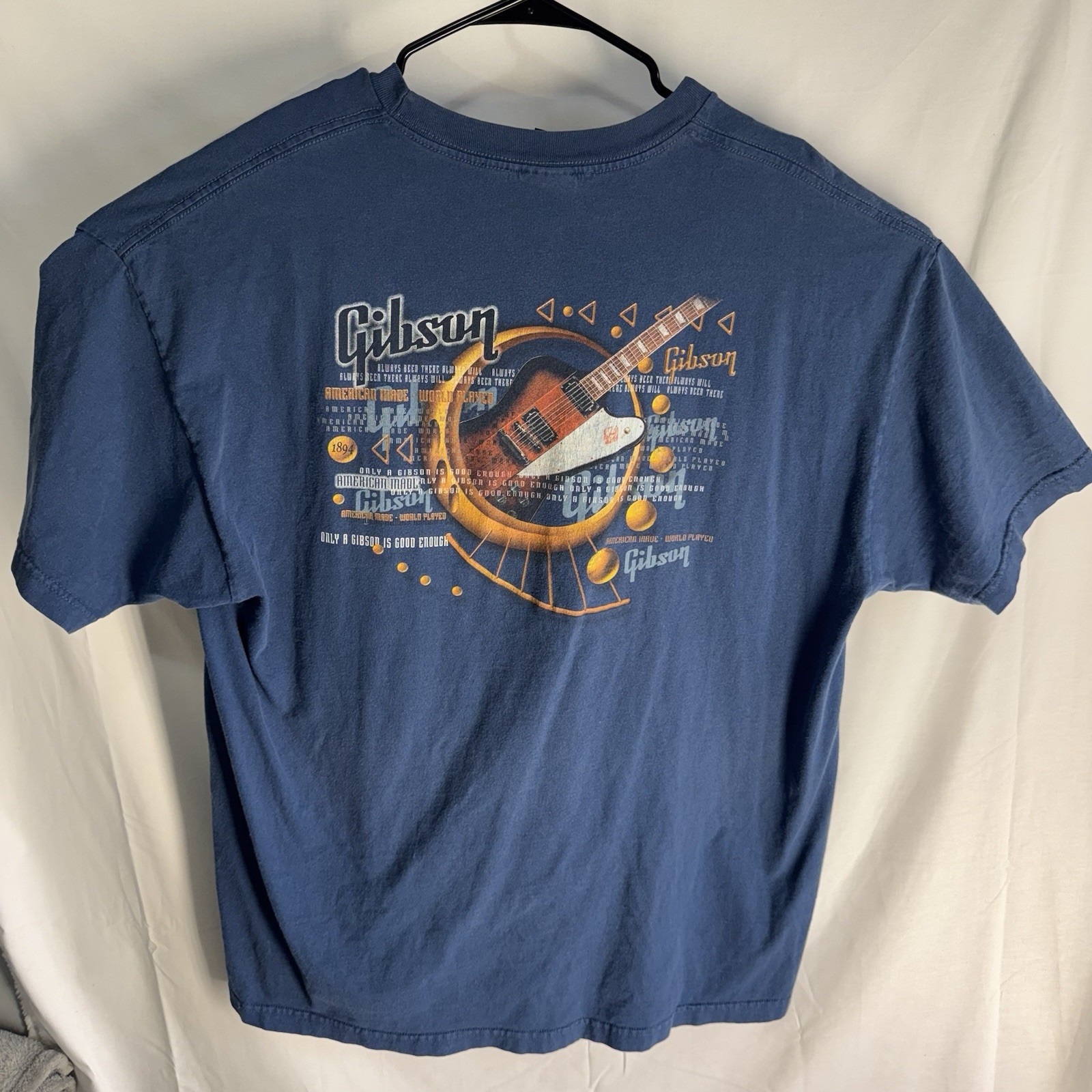 Vintage Gibson Guitar Shirt Size XXL Navy Blue Made in USA Distressed 2XL