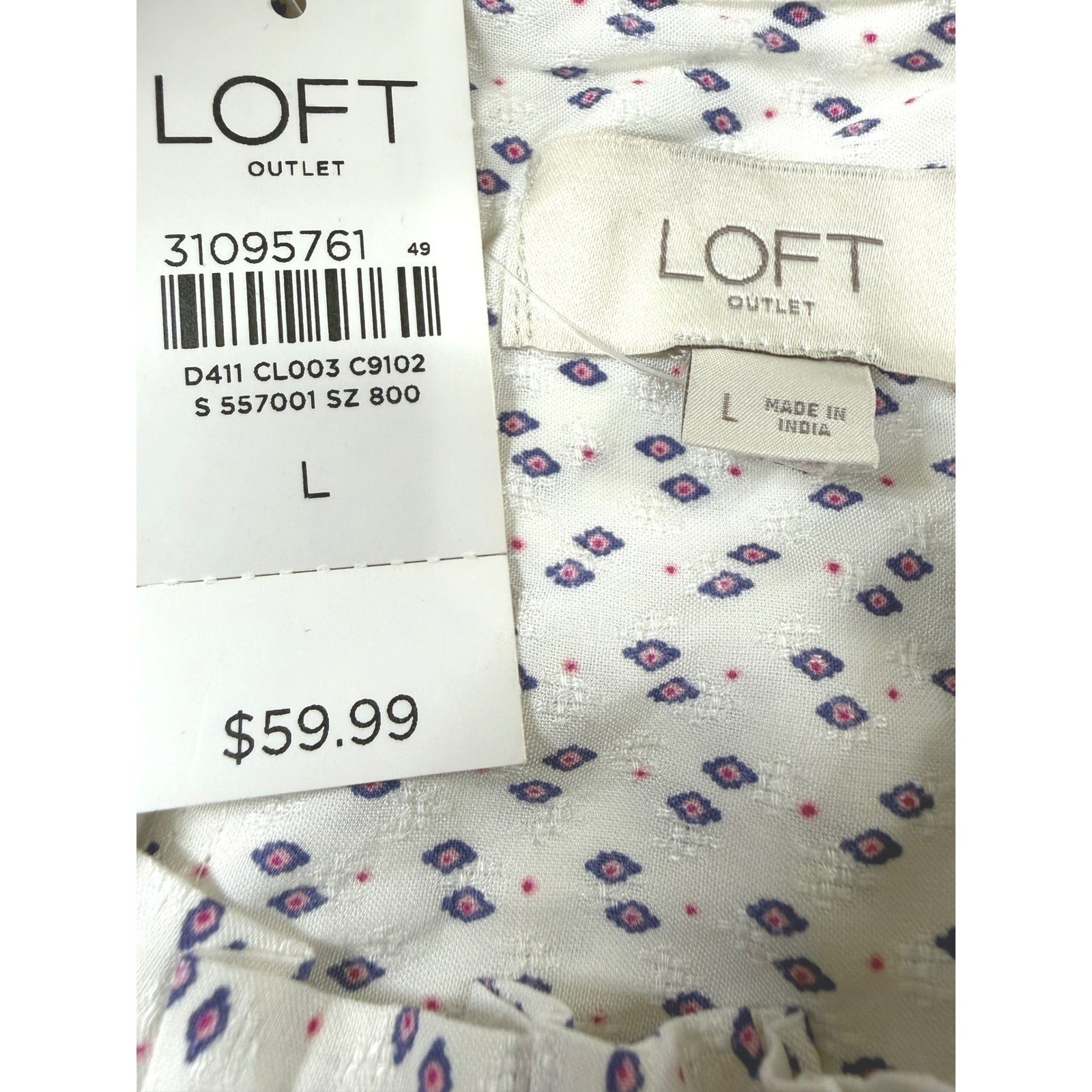 LOFT Blouse Womens Large White Diamond Print Lace Trim Boho Ruffle Neck
