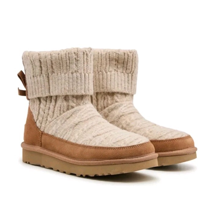 Women’s UGG Classic Mini Cabelle Chestnut Suede/Knit Boot Sz 8.0 UntouchedNewBox
