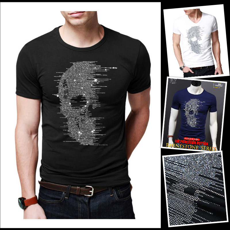 New Fashion Skull Rhinestones Short Sleeve Luxury Men T-Shirt Plus Size