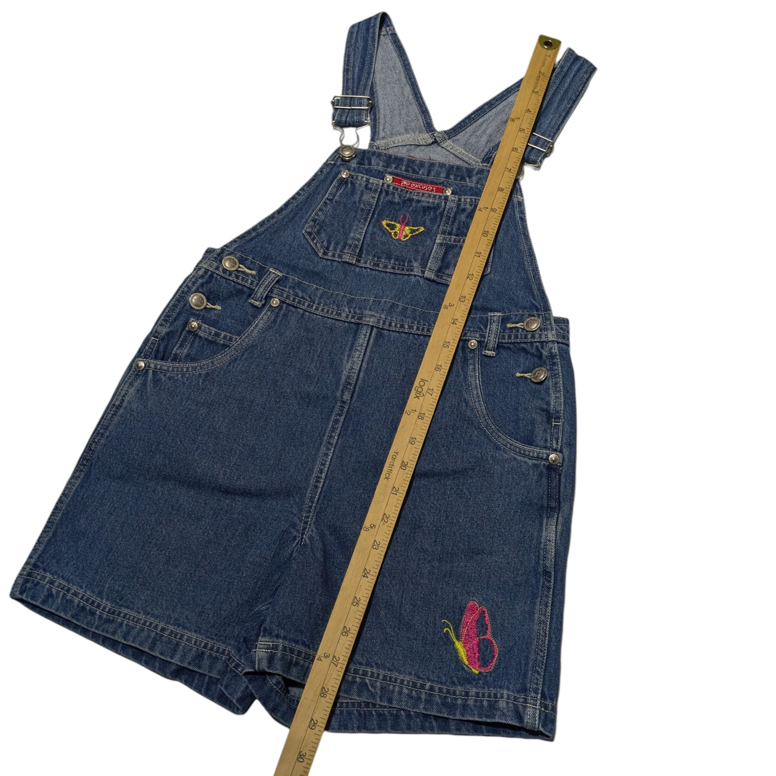 Vintage 90s No Excuses Denim Bib Overalls Shorts Shortalls Girls Large Butterfly