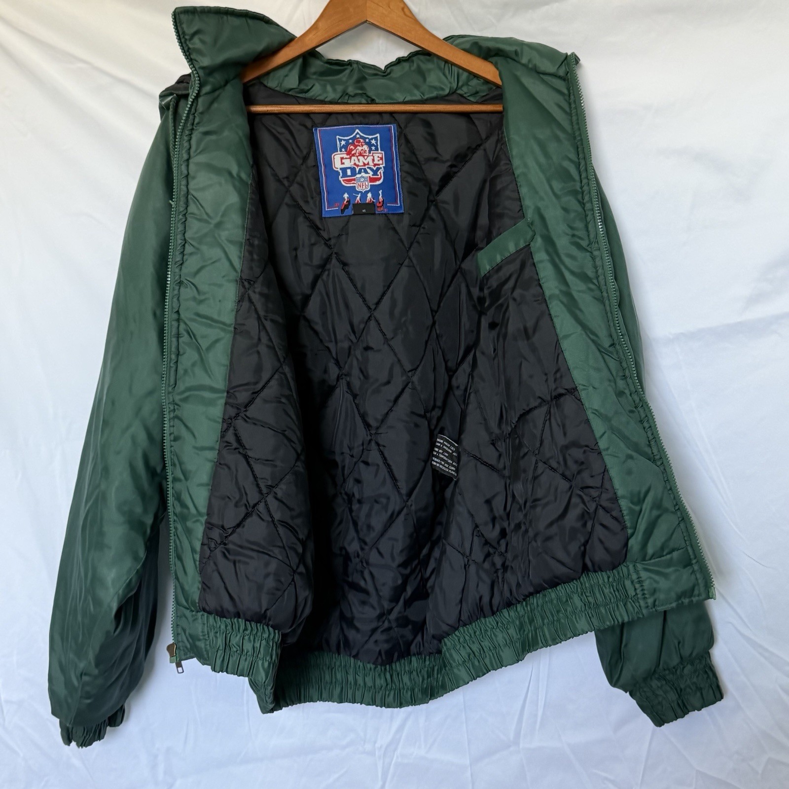 Vintage 90s NY Jets NFL Game Day Sports Mens Large Green Puffer Football Jacket