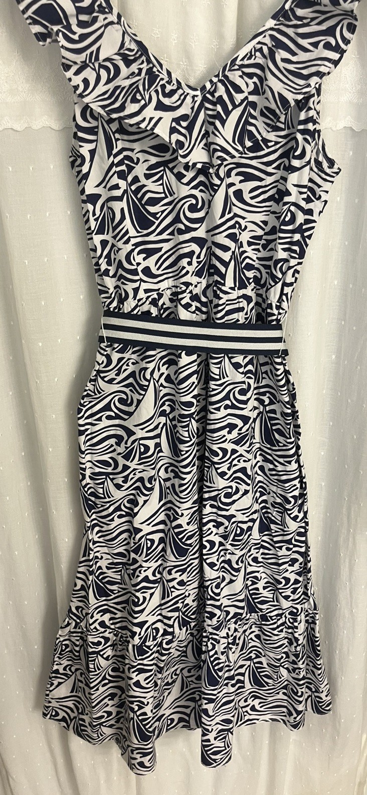 Vineyard Vines Target Blue White Sailboat Midi Dress M Cotton Belted Nautical