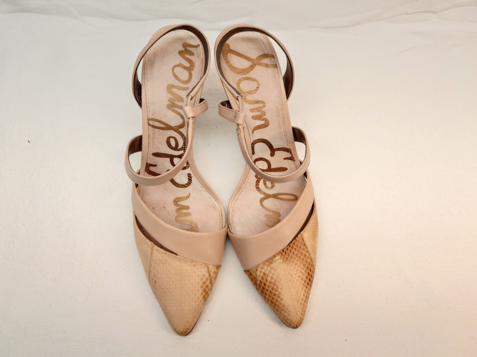 Sam Edelman Othello Snakeskin Leather Ankle Strap Heels Size 7M Tan Slip On