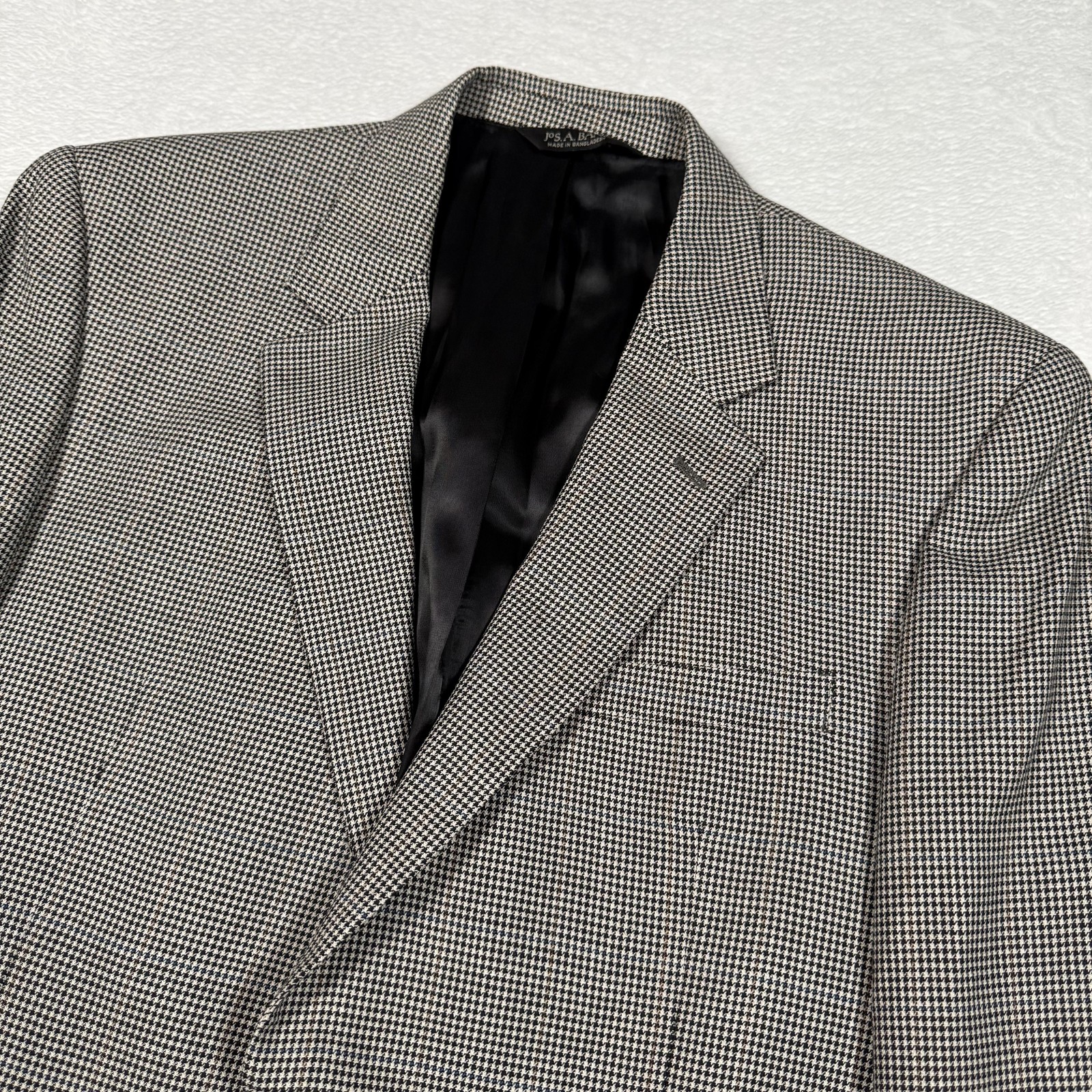 Jos A Bank Blazer Mens 44 Long Black White Wool Silk Houndstooth Classic Jacket