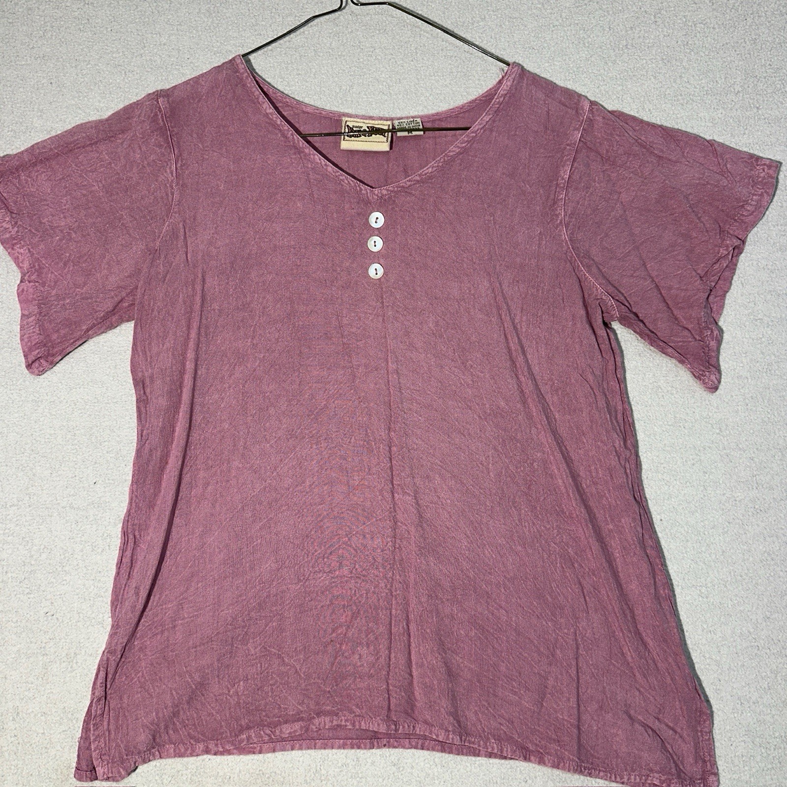 Yak &Yeti Purple Pink Linen Cotton Woven V-Neck Button Front Top Womens M hippie