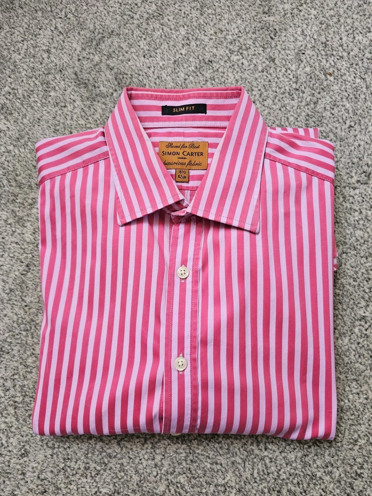 Simon Carter Stripe Shirt Size 16.5″ Slim Fit Luxurious Fabric Cotton Pink Lilac