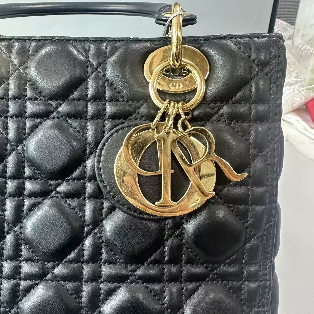 Auth Christian Dior Lady Dior Medium Black Lambskin Gold Hardware Handbag