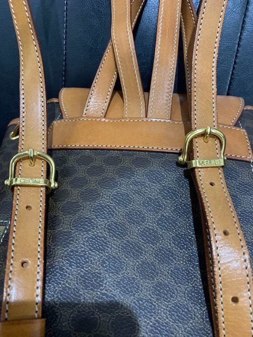 CELINE Macadam Triomphe Perforated Backpack Auth Brown Camel Leather Mini bag