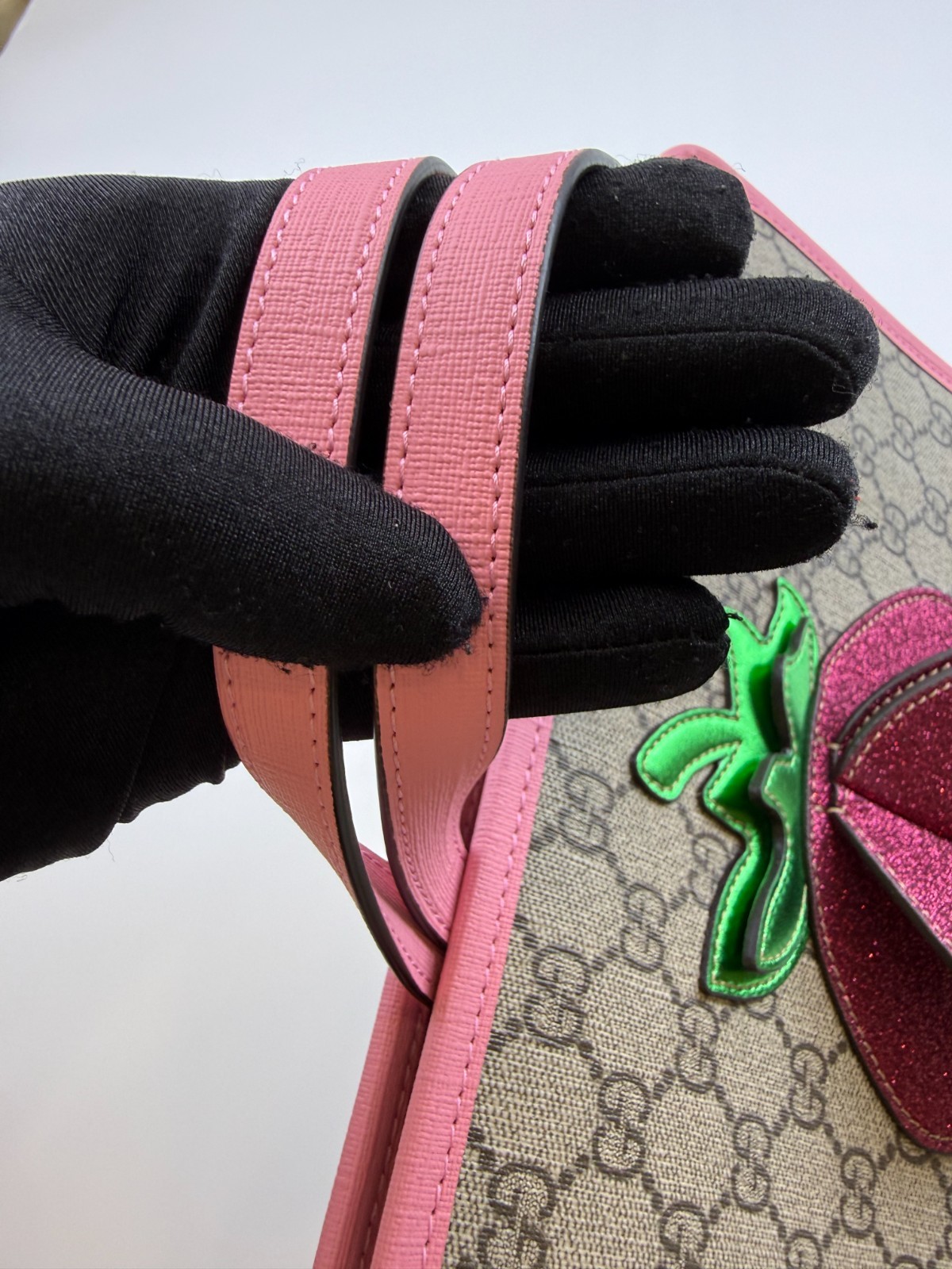 Gucci Kids GG Supreme 3D Strawberry Tote Handbag Pink Leather Trim