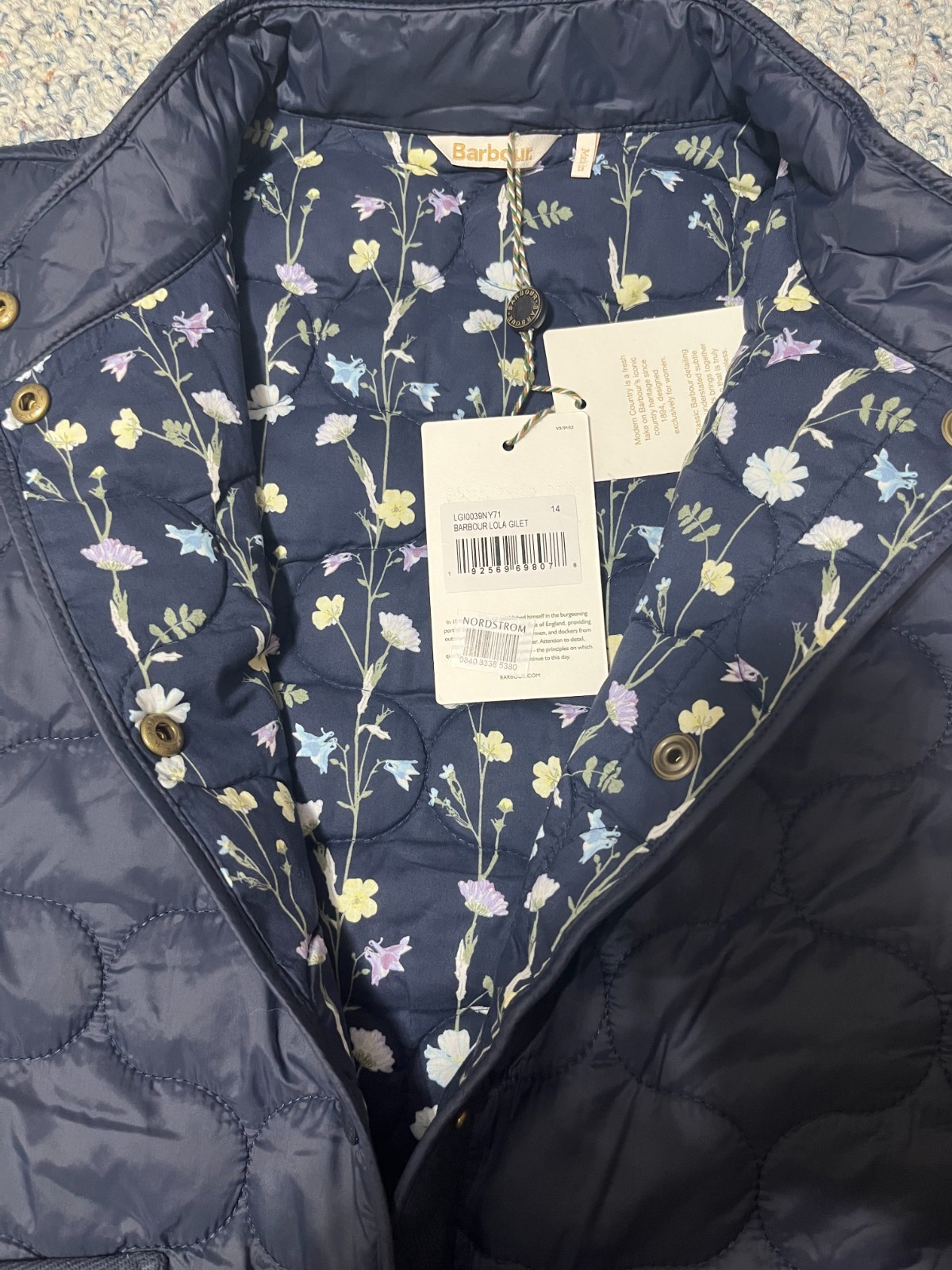 Navy ~ BARBOUR LOLA Gilet Quilted Vest w/ English Floral Lining MSRP$260