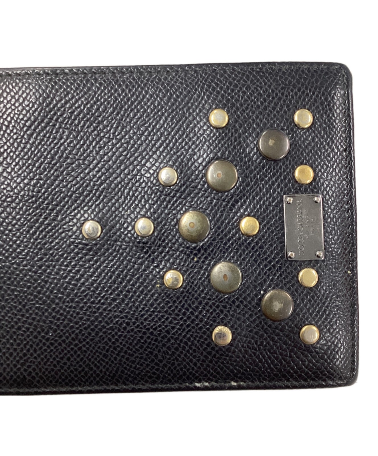 DOLCE&GABBANA Studded Metal Plate Leather Wallet Black Men Auth